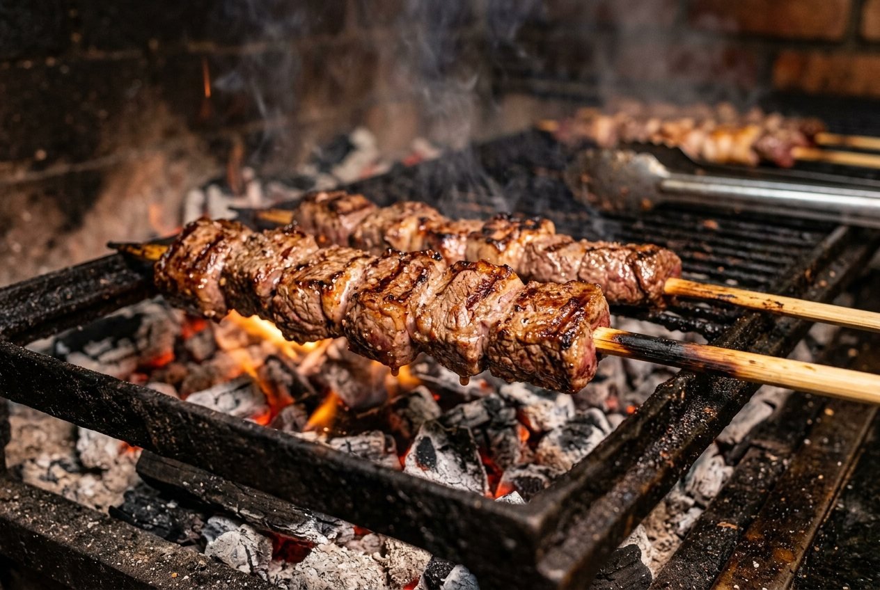 Espetinhos de carne bovina na brasa